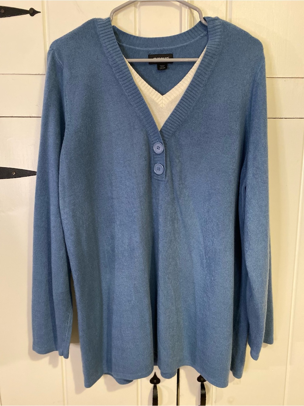 Avenue super soft pullover sweater, French blue with mock cream layered v-neck.